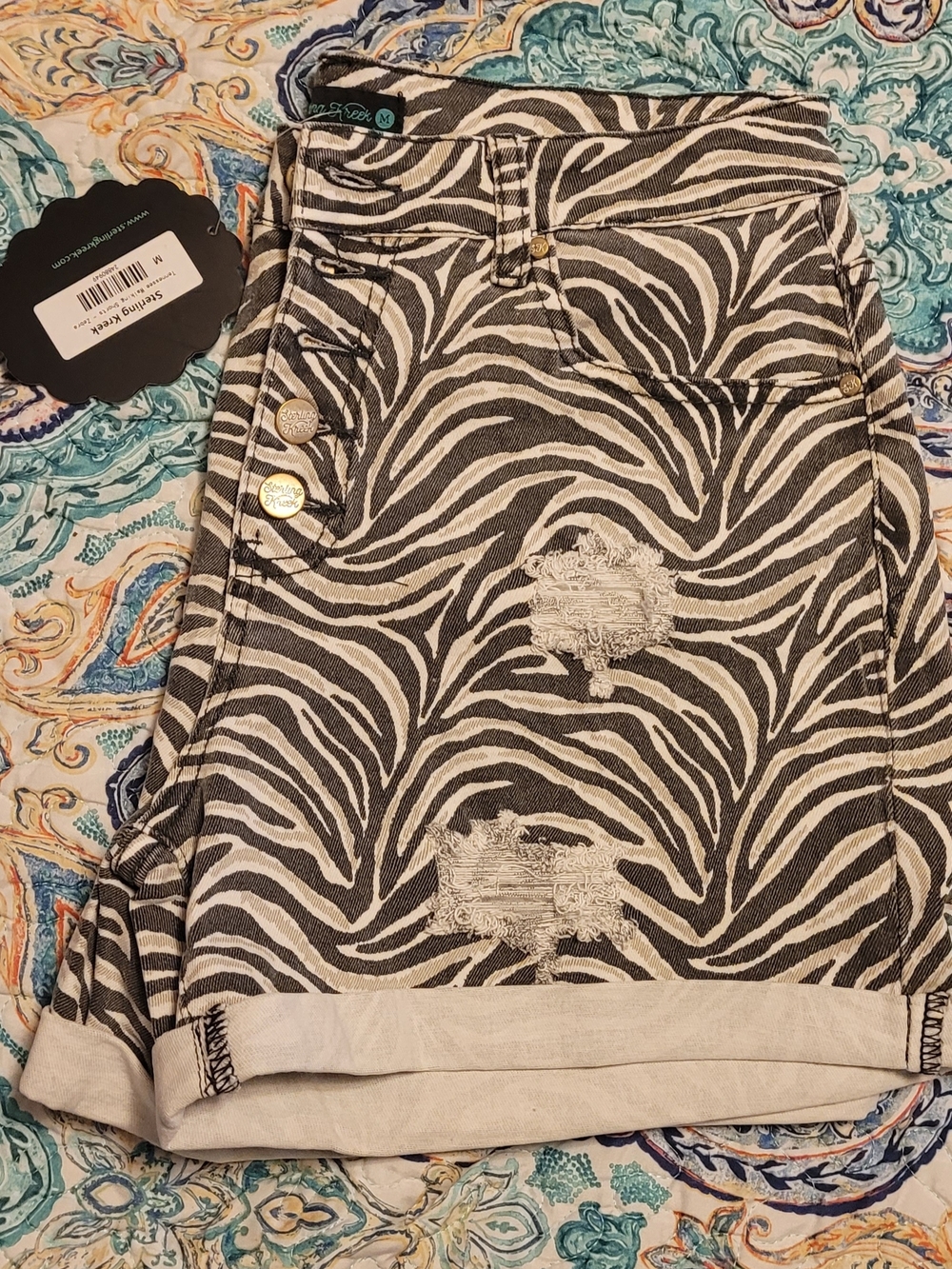 Zebra Print Distressed Denim Shorts - Black & White